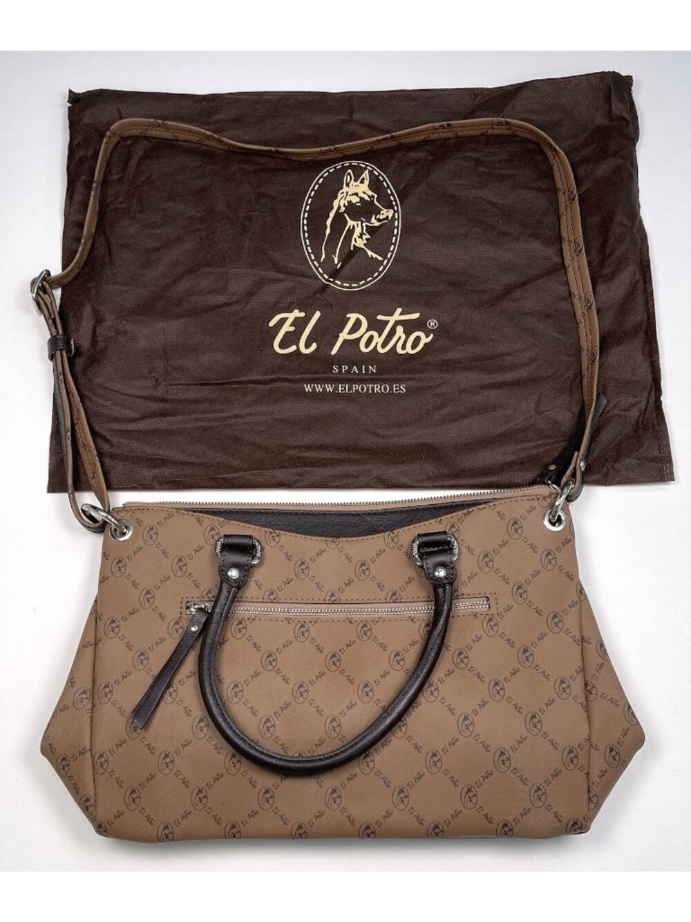 EL POTRO 15"x10"x4.5" Brown Monogram HANDBAG Purse w/ Dustbag Spain NWOT NEW